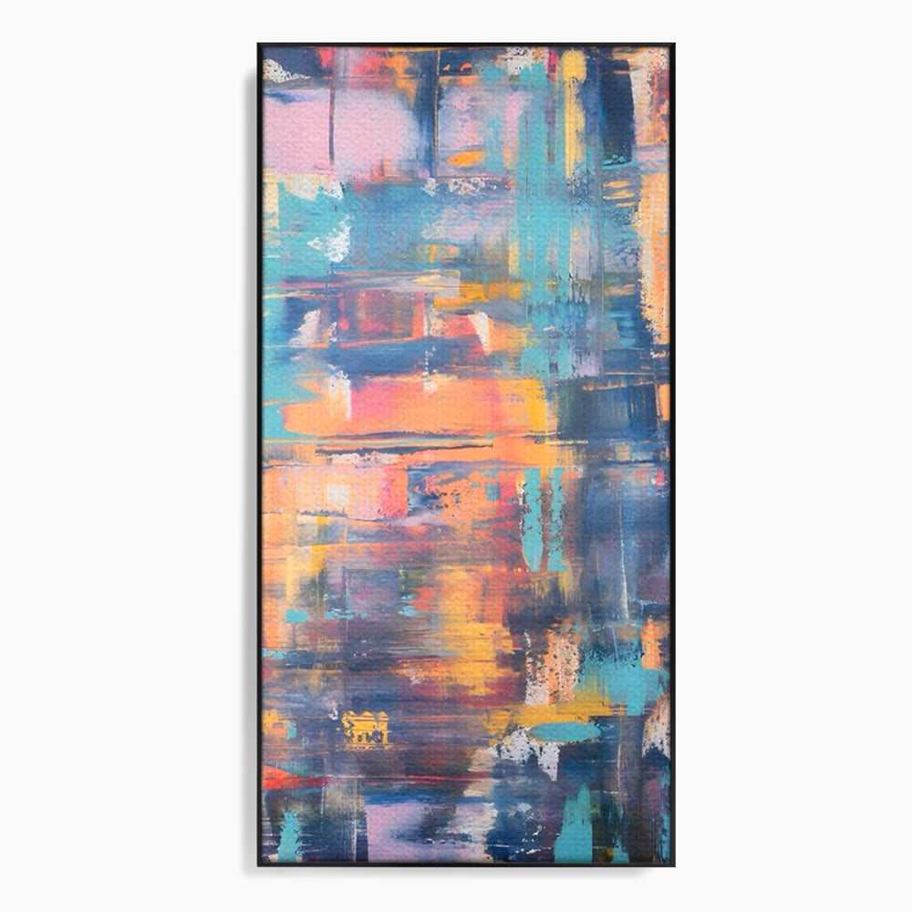 Tablou canvas cu pictura abstracta cu linii verticale, in rama de aluminiu negru